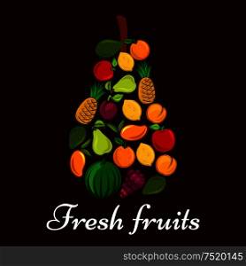 Fresh fruits in a shape of pear symbol with flat icons of orange, apple, lemon, pineapple, mango, peach, plum, pear, avocado and watermelon fruits. Pear symbol made up of fresh fruits