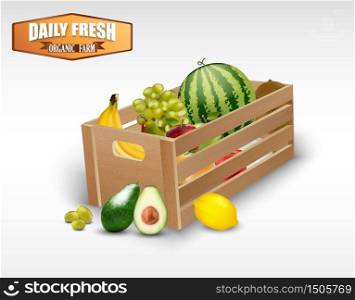 Fresh fruits in wooden crates on a white background.vector