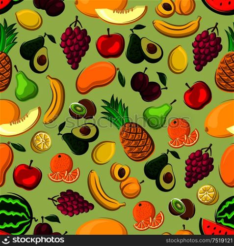 Fresh fruits seamless pattern of orange, lemon, apple, banana, pineapple, peach, grape, plum, mango, pear watermelon kiwi avocado and melon fruits on green background. Mixed fruits seamless pattern for farming design