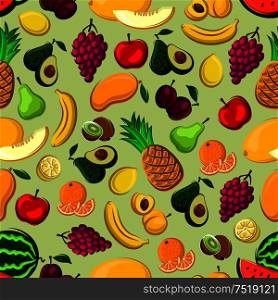 Fresh fruits seamless pattern of orange, lemon, apple, banana, pineapple, peach, grape, plum, mango, pear watermelon kiwi avocado and melon fruits on green background. Mixed fruits seamless pattern for farming design