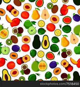 Fresh fruits seamless pattern with background of whole and halved apples, peaches, mangoes, plums, passion fruits, guavas, pears, kiwis, avocados, feijoas and durian fruits. Flat style. Whole and halved fruits seamless pattern