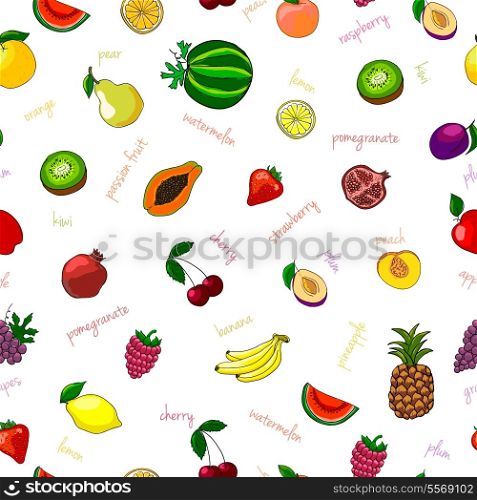Fresh fruits seamless pattern with pear watermelon kiwi and garnet vector illustration