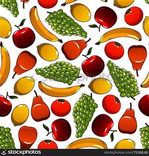 Fresh fruits seamless pattern with sweet oranges and bananas, red and green grapes, juicy pears and lemons fruits on white background. Agriculture, farming, dessert themes design. Tropical and garden fruits pattern
