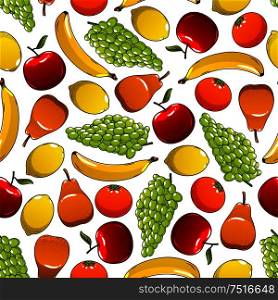 Fresh fruits seamless pattern with sweet oranges and bananas, red and green grapes, juicy pears and lemons fruits on white background. Agriculture, farming, dessert themes design. Tropical and garden fruits pattern
