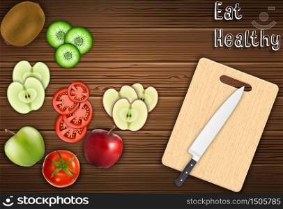 Fresh fruits slices on the table with a knife on a cutting board background.Vector