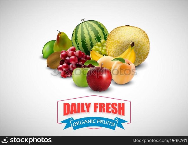 Fresh fruits with blue ribbon on a white background.vector