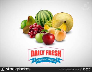 Fresh fruits with blue ribbon on a white background.vector