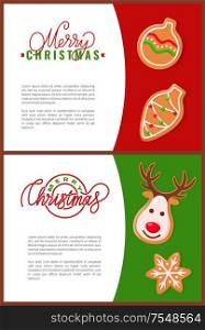 Fresh gingerbread Christmas cookies, holiday treat. Xmas tree decoration, ball and oval shape, deer and snowflake. Winter time traditional snack vector. Fresh Gingerbread Christmas Cookies, Holiday Treat