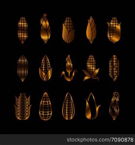 Fresh golden corn harvest vector icons set isolated on black illustration. Fresh golden corn harvest vector icons set