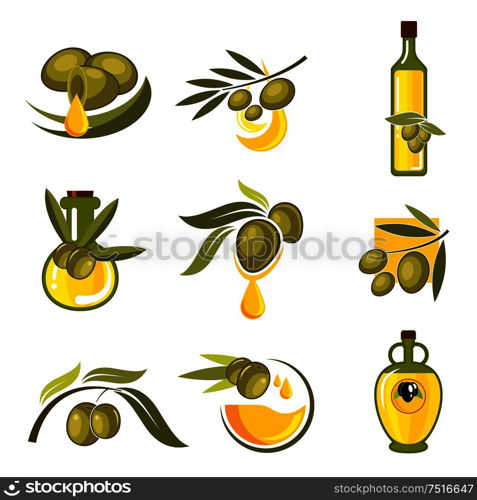 Fresh green and black olive fruits icons with dripping golden drops of oil and glass bottles filled with healthy organic extra virgin olive oil. Fresh olive fruits and oil bottles symbols