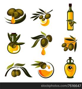 Fresh green and black olive fruits icons with dripping golden drops of oil and glass bottles filled with healthy organic extra virgin olive oil. Fresh olive fruits and oil bottles symbols