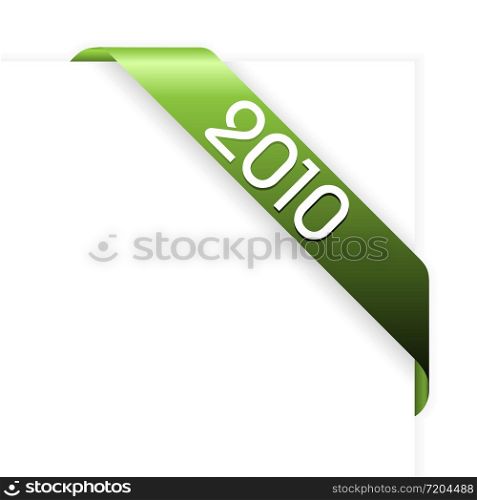 Fresh green Christmas corner ribbon on a white paper