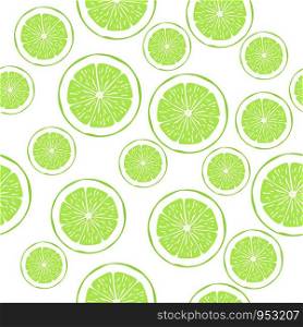 Fresh green lemon fruits, Collection pattern of vector illustrations. Cute green lemon slices on background