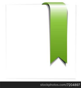 Fresh green ribbon - bookmark on a white sheet of paper