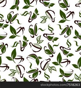 Fresh green tea beverages pattern with decorative seamless background of brown cups with aroma herbal tea drinks ornated by green leaves and stems. Use as cafe interior or food packaging design. Cups of tea with green leaves seamless pattern