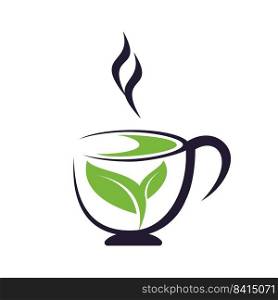 Fresh Green tea logo design template. green Tea cup and leafs logo vector design. 