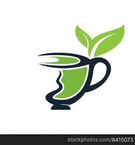 Fresh Green tea logo design template. green Tea cup and leafs logo vector design. 
