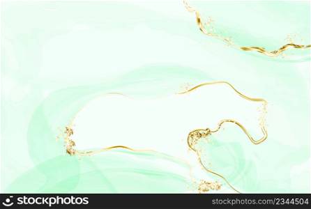 Fresh green watercolor background with splatters and with golden texture .Marble surface. Mint color texture and paint splash.Spring wedding invitation.