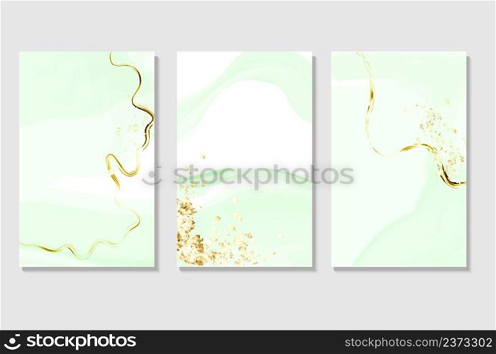 Fresh green watercolor background with splatters and with golden texture .Marble surface. Mint color texture and paint splash.Spring wedding invitation.