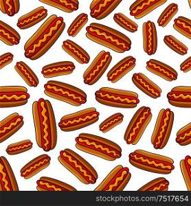 Fresh grilled hot dogs seamless pattern background for fast food cafe or street food design with wheat buns filled with sausages and spicy mustard sauce. Seamless hot dogs with spicy mustard pattern