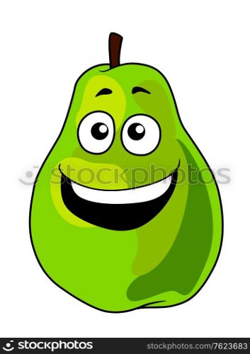 Fresh happy laughing green cartoon pear fruit with a toothy grin, isolated on white