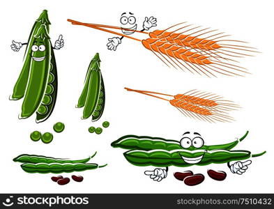 Fresh healthy farm green pea pods, common bean vegetables with seeds and ripe wheat ears cartoon characters, for agriculture or vegetarian food design. Wheat ears, fresh pea and bean vegetables