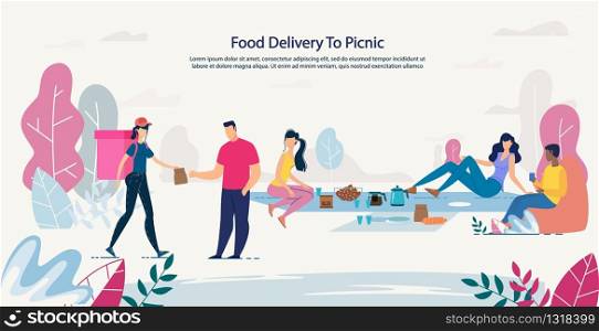 Fresh Healthy Food Delivery to Picnic Service. Advertising Poster with Happy People Rest on Nature Order Meal Basket for Lunch. Woman Courier Carrying Package with Ready Takeaway Dishes. Fresh Healthy Food Delivery to Picnic Service
