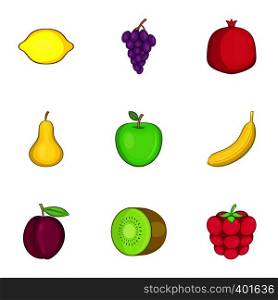 Fresh healthy fruit icons set. Cartoon illustration of 9 fresh healthy fruit vector icons for web. Fresh healthy fruit icons set, cartoon style