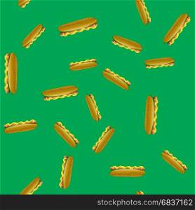 Fresh Hot Dog Seamless Pattern. Fresh Hot Dog Seamless Pattern on Green Background. Fastfood with Bun and Grilled Sausage