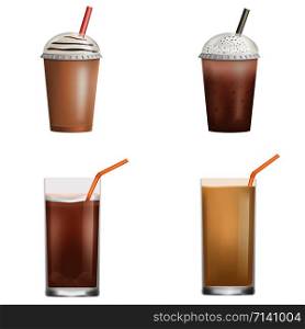Fresh ice coffee icon set. Realistic set of fresh ice coffee vector icons for web design isolated on white background. Fresh ice coffee icon set, realistic style