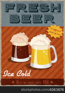 Fresh ice cold beer pub bar restaurant retro poster with mug of lager and ale vector illustration