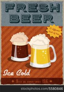 Fresh ice cold beer pub bar restaurant retro poster with mug of lager and ale vector illustration