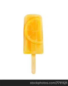 Fresh ice cream stick with lemon. Frozen orange or lemon juice on wooden stick with slice of raw fruit inside, 3d realistic vector summer cold dessert or popsicle with tropical fruit. Frozen orange or lemon juice, fruit ice cream