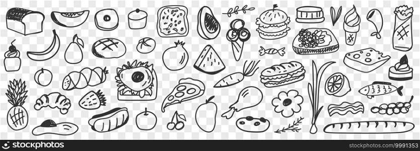 Fresh ingredients and foods doodle set. Collection of hand drawn pizza bread fruits vegetables ice cream sandwich cupcakes desserts sausage for healthy eating isolated on transparent background. Fresh ingredients and foods doodle set