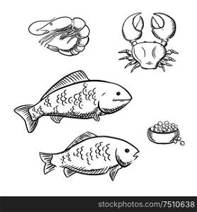 Fresh isolated fish, shrimp, marine crab and plate with salted salmon caviar. Sketch icons for seafood menu. Fish, shrimp, crab and caviar sketches