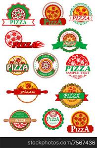 Fresh italian pizza labels, banners and emblems with pizza, cheese, mushrooms and salami for fast food logo, cafe and restaurant