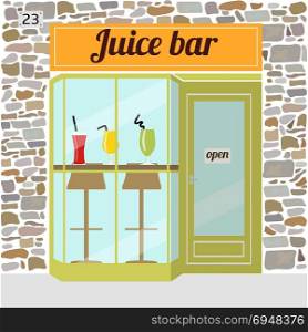 Fresh juice bar building.. Fresh juice bar building. Facade of stone. Bar stools and shakes in glasses in the window. EPS10