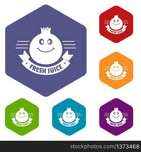 Fresh juice icons vector colorful hexahedron set collection isolated on white . Fresh juice icons vector hexahedron