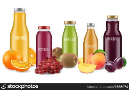 Fresh juice set and fruits vector illustration. Juice fresh, fruit healthy drink beverage. Fresh juice set and fruits vector illustration