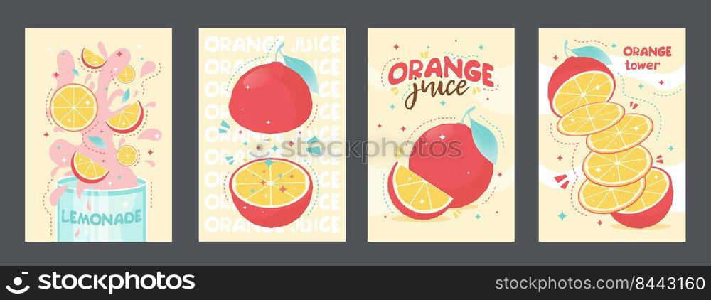 Fresh juice tropical posters design. Orange, lemonade. Vector illustration set can be used for invitations, advertising, posters