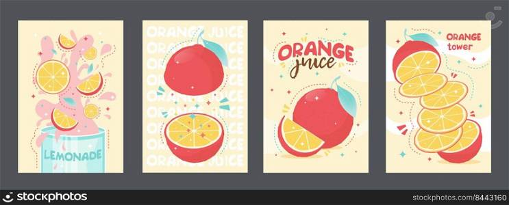 Fresh juice tropical posters design. Orange, lemonade. Vector illustration set can be used for invitations, advertising, posters