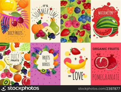 Fresh juicy fruits and berries 8 colorful advertisement banners composition poster with watermelon and pomegranate  isolated vector illustration . Fruits Berries 8 Banners Set