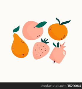 Fresh juicy fruits pear, peach, strawberry, mandarin, pomegranate Ripe harvest Vector illustration. Fresh juicy fruits pear, peach, strawberry, mandarin, pomegranate. Ripe harvest, organic food