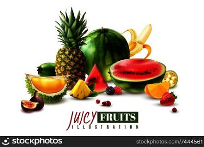 Fresh juicy fruits whole and serving pieces wedges slices realistic composition with watermelon fig pineapple vector illustration . Fruits Berries Realistic Composition 