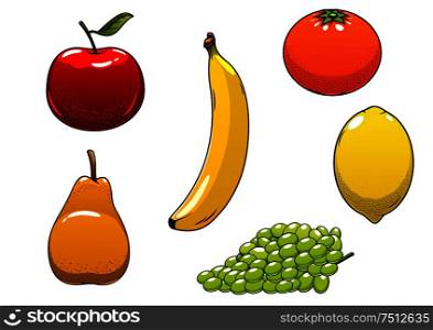 Fresh juicy ripe yellow banana, lemon and pear, red apple, green grape and orange fruits, isolated on white. For agriculture harvest or healthy food themes. Fresh juicy and ripe isolated fruits
