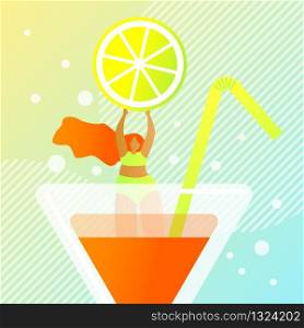 Fresh Juicy Summer Cocktail Vector Illustration. Foreground an Orange Drink in Glass Container with Straw. Girl in Swimsuit Holding Big Slice Lemon. Juicy Fresh Summer Drink Beautiful Glass.