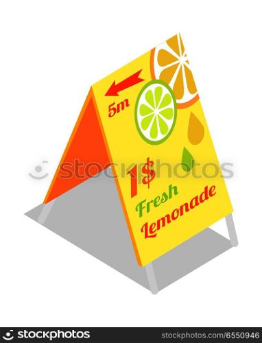 Fresh lemonade advertisement banner. Directory guide showing that lemonade beverages are in 15 metres for price 1 dollar. Vector illustration on the theme of lemonade. Street food concept. Vector. Fresh Lemonade Advertisement Banner. Directory Guide