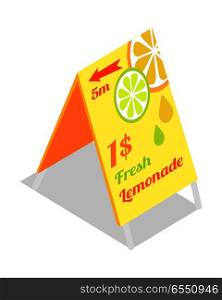 Fresh lemonade advertisement banner. Directory guide showing that lemonade beverages are in 15 metres for price 1 dollar. Vector illustration on the theme of lemonade. Street food concept. Vector. Fresh Lemonade Advertisement Banner. Directory Guide