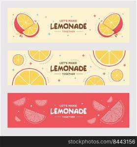 Fresh lemonade banners set. Orange, lemon, drink. Vector illustration set can be used for invitations, advertising, posters