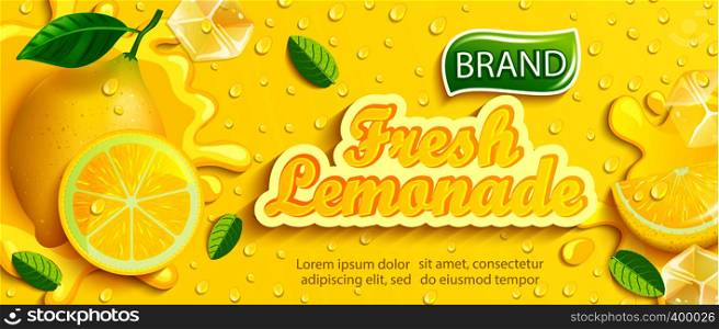 Fresh lemonade with lemon, splash, apteitic drops from condensation, fruit slice, ice cubes on gradient yellow background for brand,logo, template,label,emblem and store,packaging,advertising.Vector. Fresh lemonade banner with lemon, splash, banner with apteitic drops